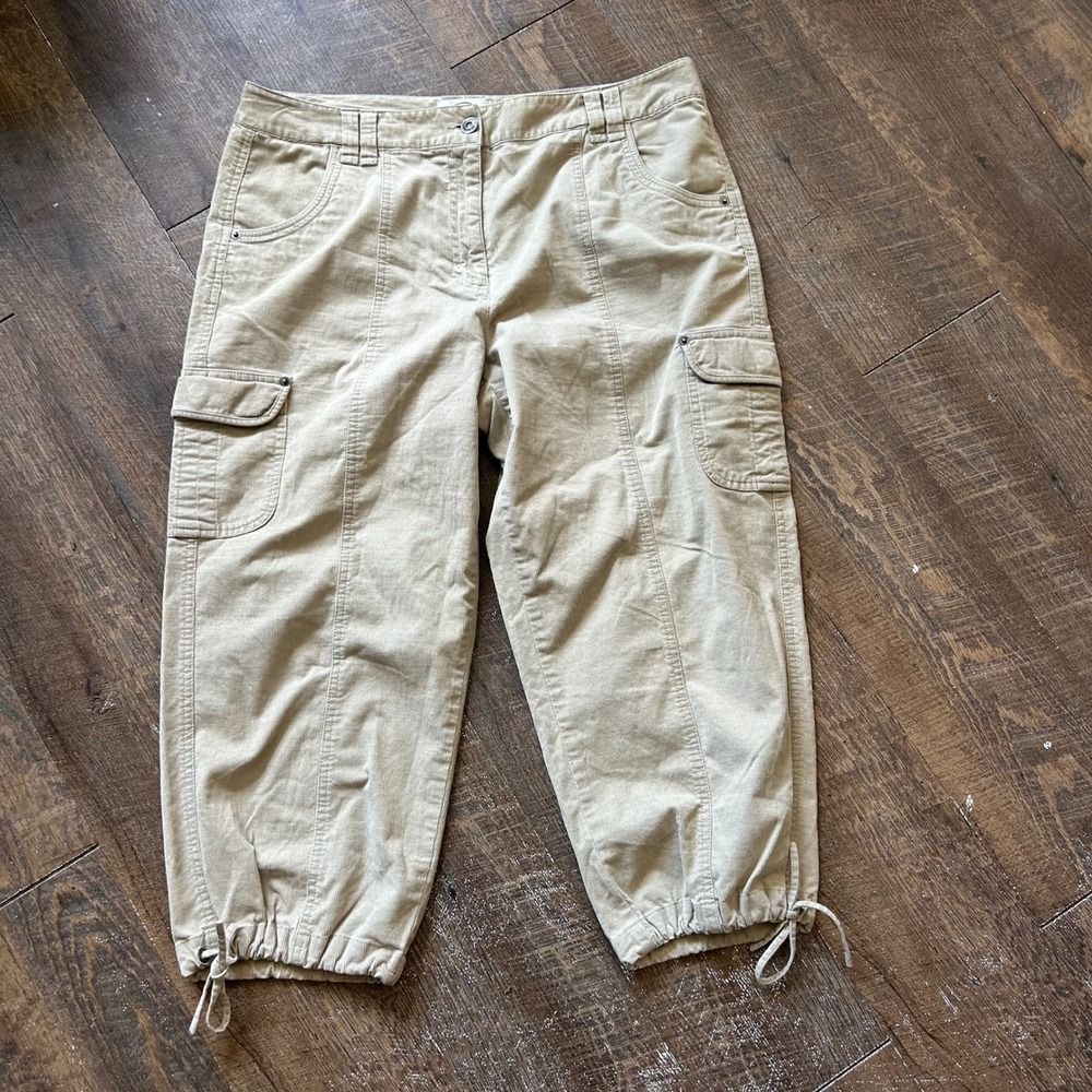 Talbots Tan Corduroy Cargo Crop Pants Drawstring Hem Stretch Khaki Size 12